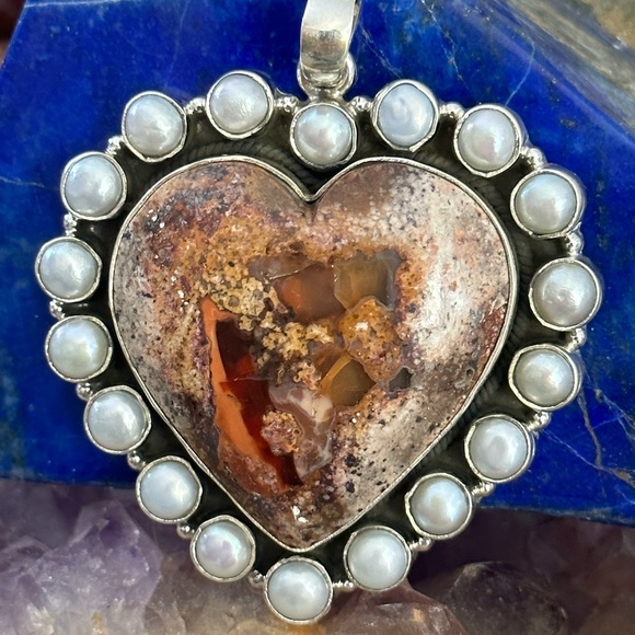 Mexican fire opal pearl mega statement heart sterling silver pendant - Picture 2 of 10
